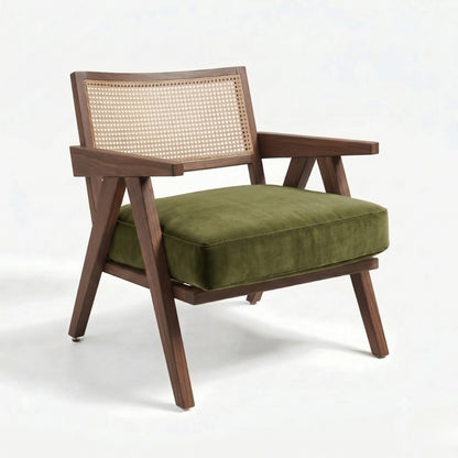 Wooden armchair with green cushion and wicker backrest on a white background