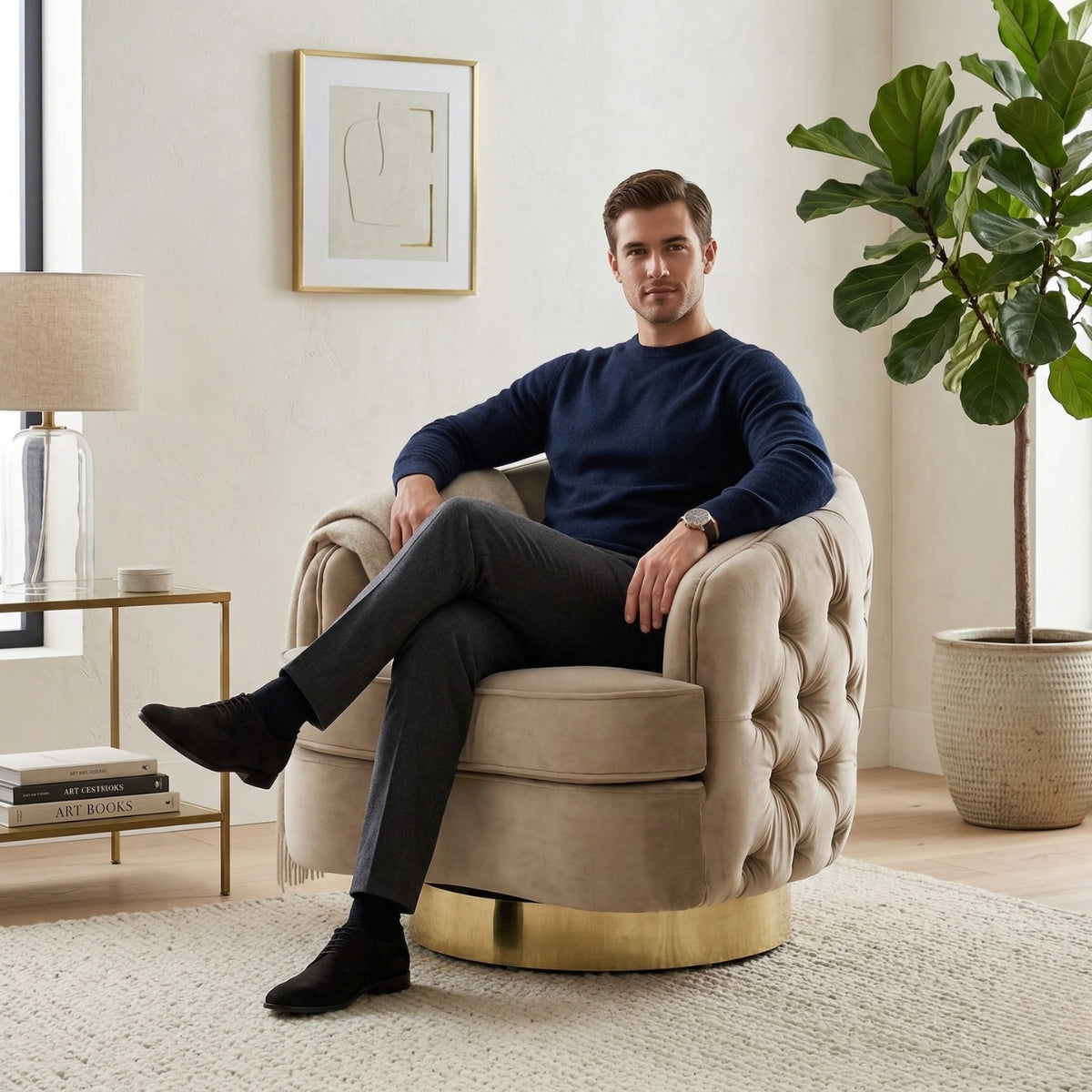 Man sitting in a beige armchair in a modern living room with a plant and side table.