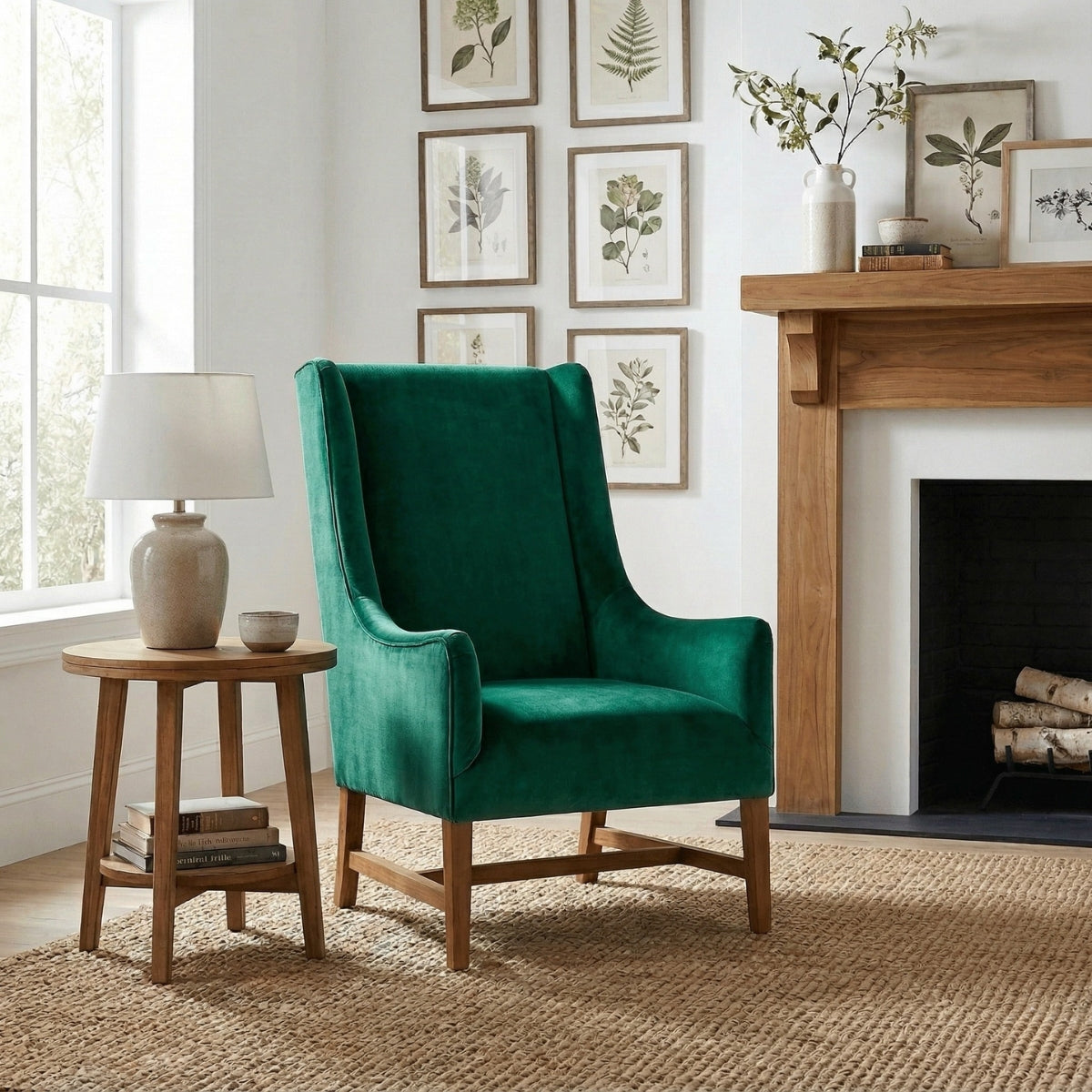 Green armchair in a living room with a side table, lamp, and fireplace.