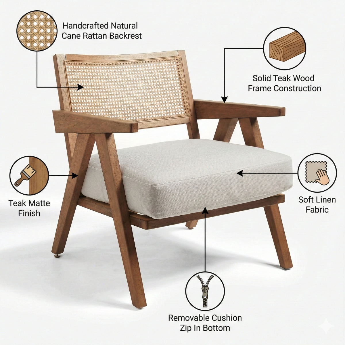 Abel Rattan Accent Arm Chair – Modern Rustic Wooden Lounge Chair with Natural Cane Weaving | Kingsman Furnitures India