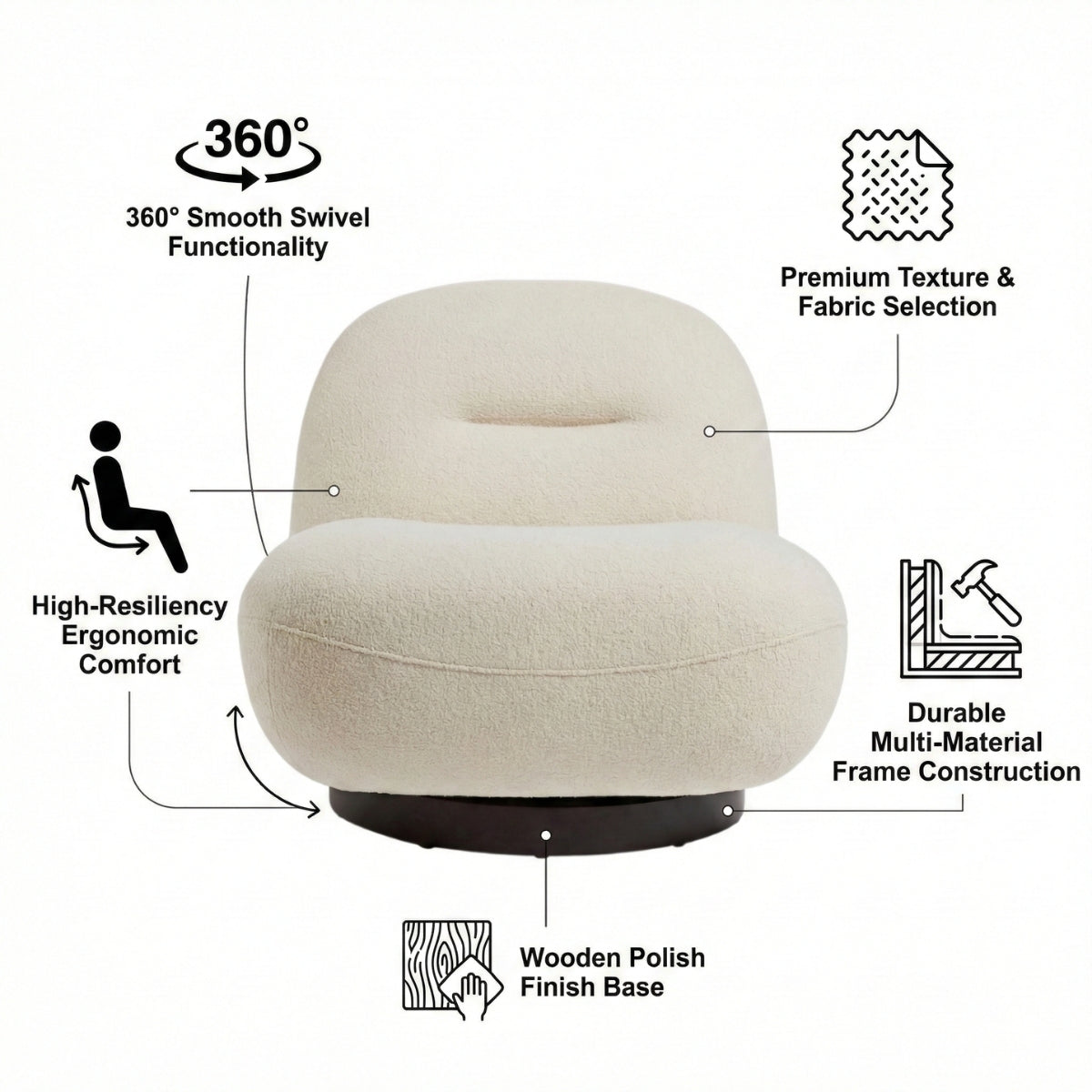 Otis Swivel 360° Luxury Accent Chair - Mid-Century Modern Bouclé Lounge Chair | Kingsman Furnitures India