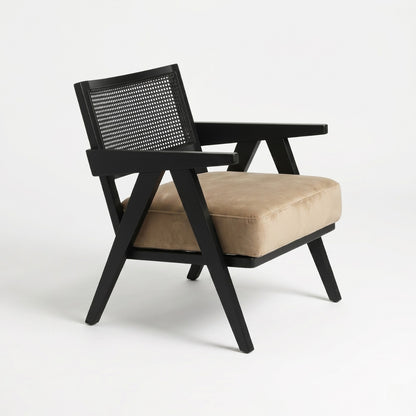 Chair with black frame and beige cushion on a white background
