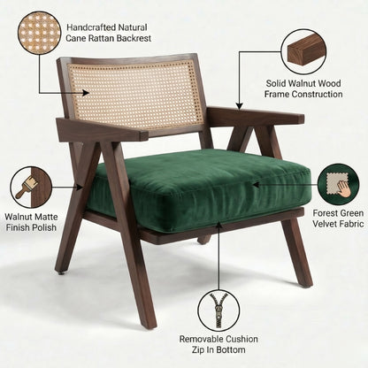 Chair with green cushion and wooden frame, featuring text labels on materials and design elements.