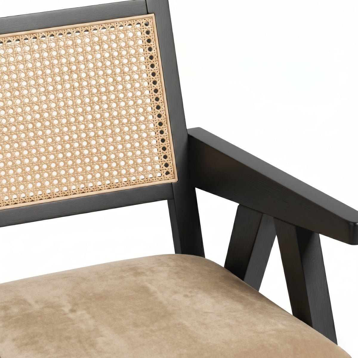 Chair with wicker backrest and beige cushion on a white background