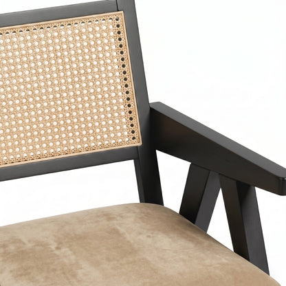 Chair with wicker backrest and beige cushion on a white background
