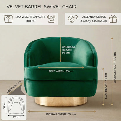 Green velvet barrel swivel chair with dimensions and assembly status on a beige background