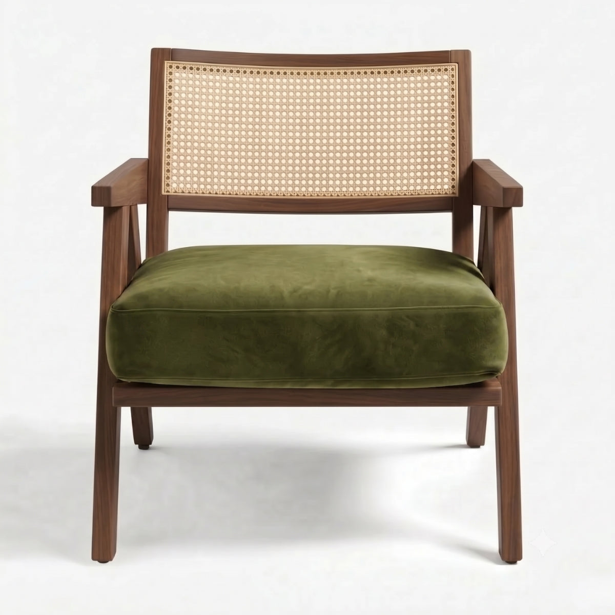 Chair with wooden frame and green cushion on a white background