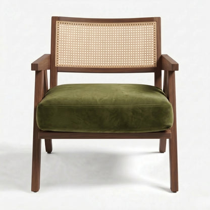 Chair with wooden frame and green cushion on a white background
