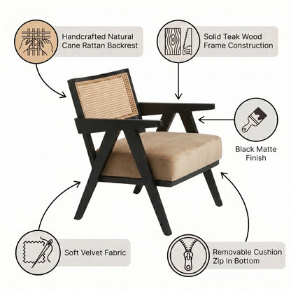 Chair with features highlighted, including natural cane rattan backrest, solid teak wood frame, black matte finish, soft velvet fabric, and removable cushion.