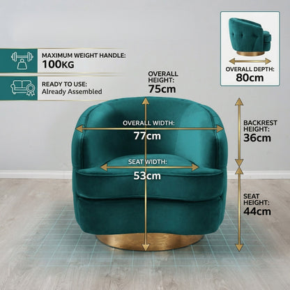 Teal armchair with dimensions and specifications on a gray background