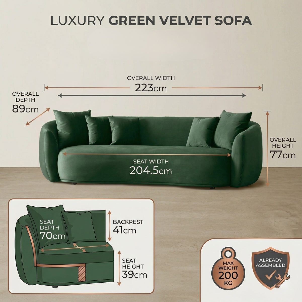 Everbe Luxe 3-Seater Curved Sofa