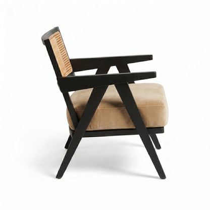 Chair with black frame and beige cushion on a white background