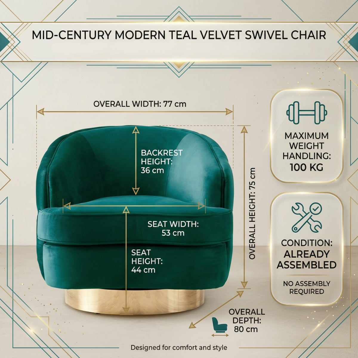Teal velvet swivel chair with dimensions and features on a decorative background