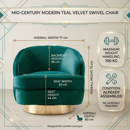 Teal velvet swivel chair with dimensions and features on a decorative background