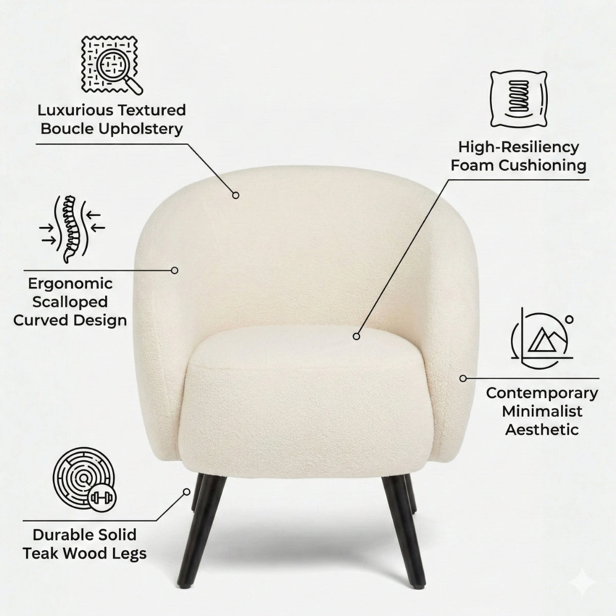 Beige armchair with features highlighted on a white background