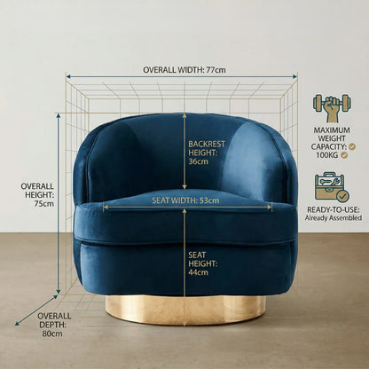 Blue armchair with dimensions and features on a neutral background