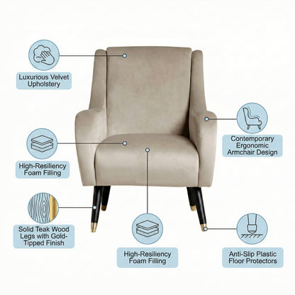 Beige armchair with features labeled on a white background
