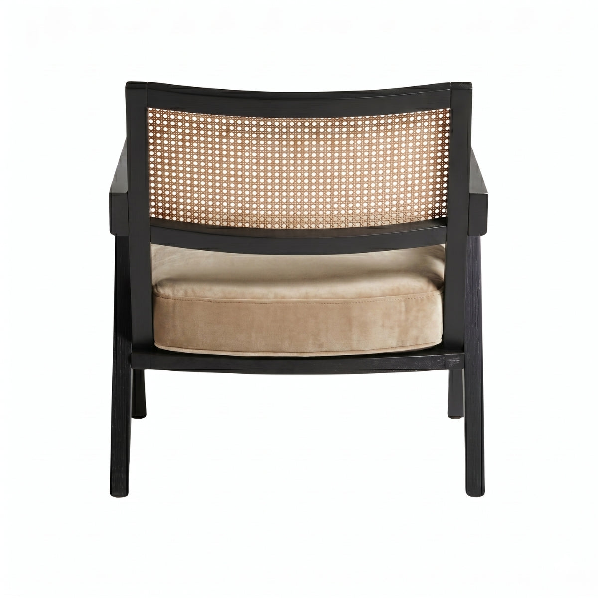 Chair with black frame and beige cushion on a white background