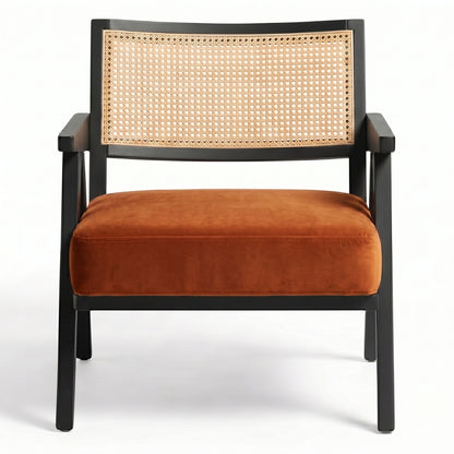 Chair with black frame, orange cushion, and woven backrest on a white background