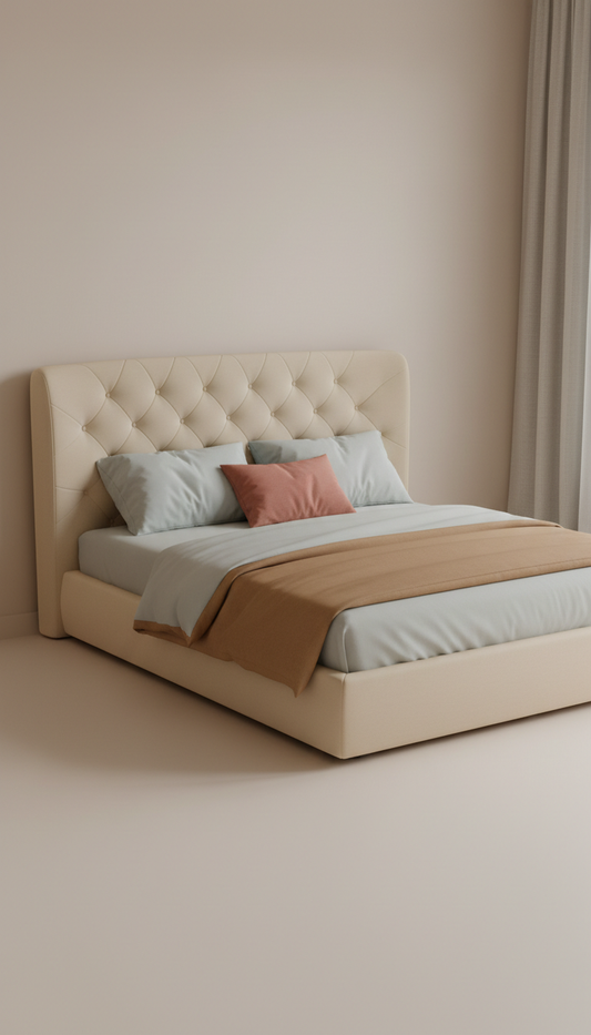 Upholstered queen bed in mango cream