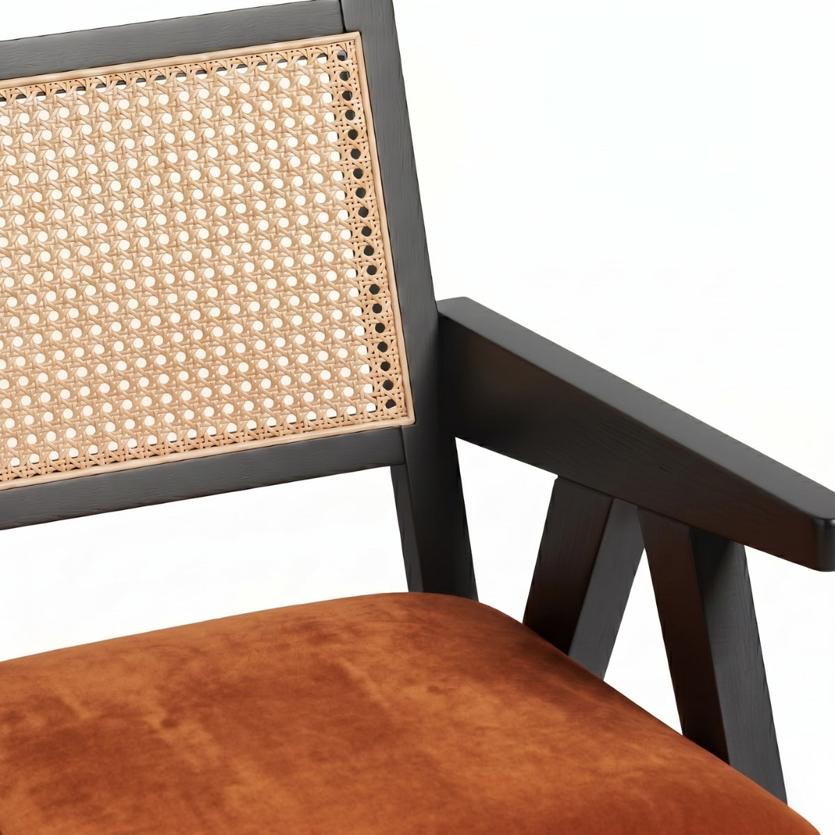 Chair with wicker backrest and brown cushion on a white background