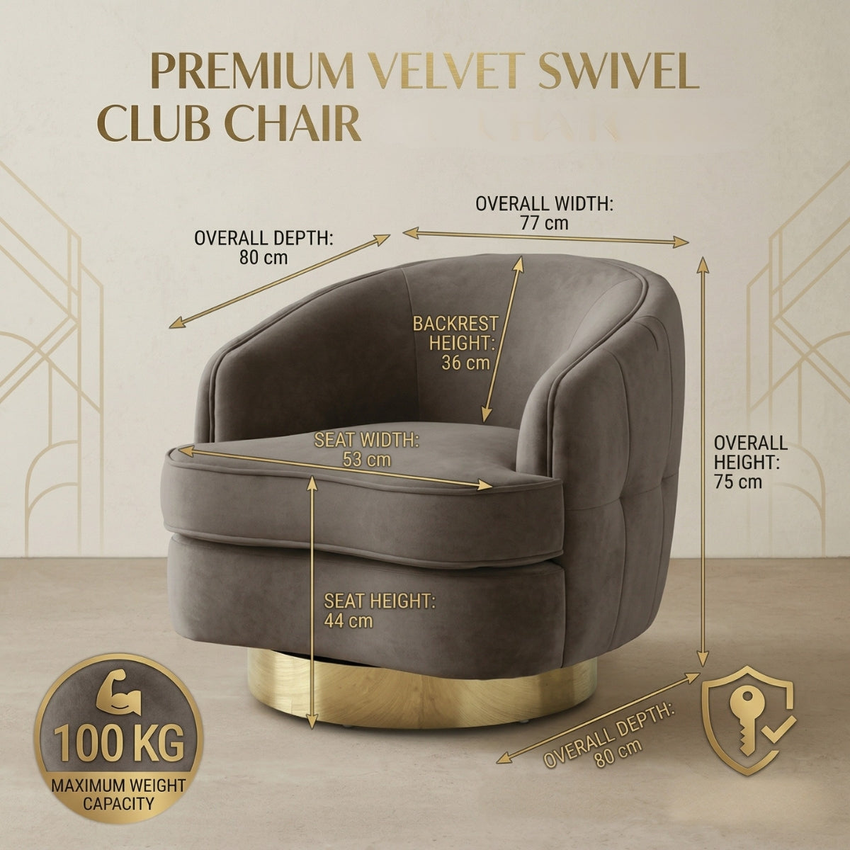 Gray velvet swivel club chair with measurements on a beige background
