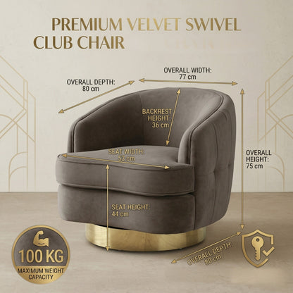 Gray velvet swivel club chair with measurements on a beige background
