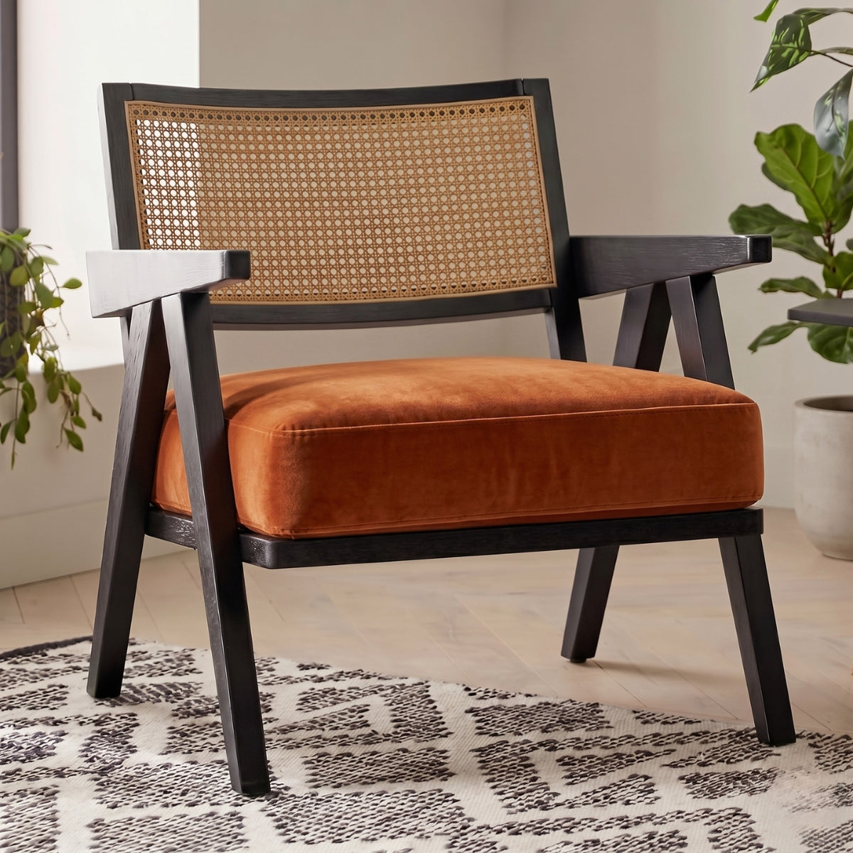 Chair with orange cushion and wicker backrest in a room with plants and a rug.