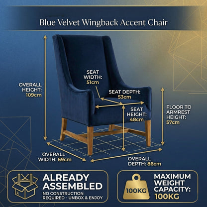 Blue velvet wingback accent chair with dimensions and assembly information on a blue background