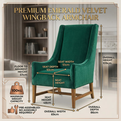 Green velvet wingback armchair with dimensions and features on a neutral background