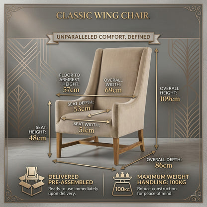 Beige wing chair with dimensions and features on a gray background