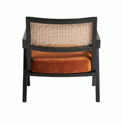 Chair with black frame and brown cushion on a white background