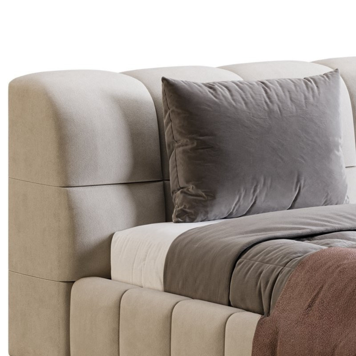 Beige sofa with gray cushions and a blanket on a white background