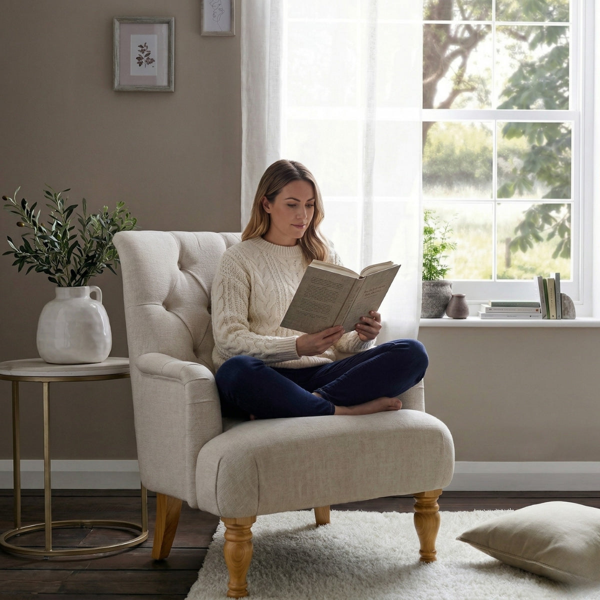 Woman reading a book in a cozy living room with a large window.