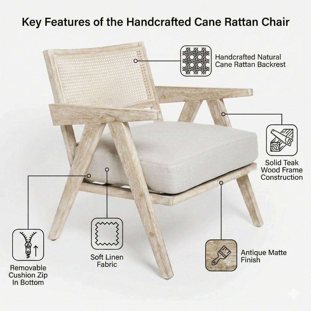 Abel Rattan Accent Arm Chair – Modern Rustic Wooden Lounge Chair with Natural Cane Weaving | Kingsman Furnitures India