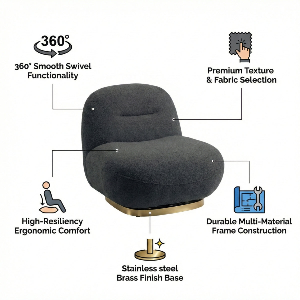 Otis Swivel 360° Luxury Accent Chair - Mid-Century Modern Bouclé Lounge Chair | Kingsman Furnitures India