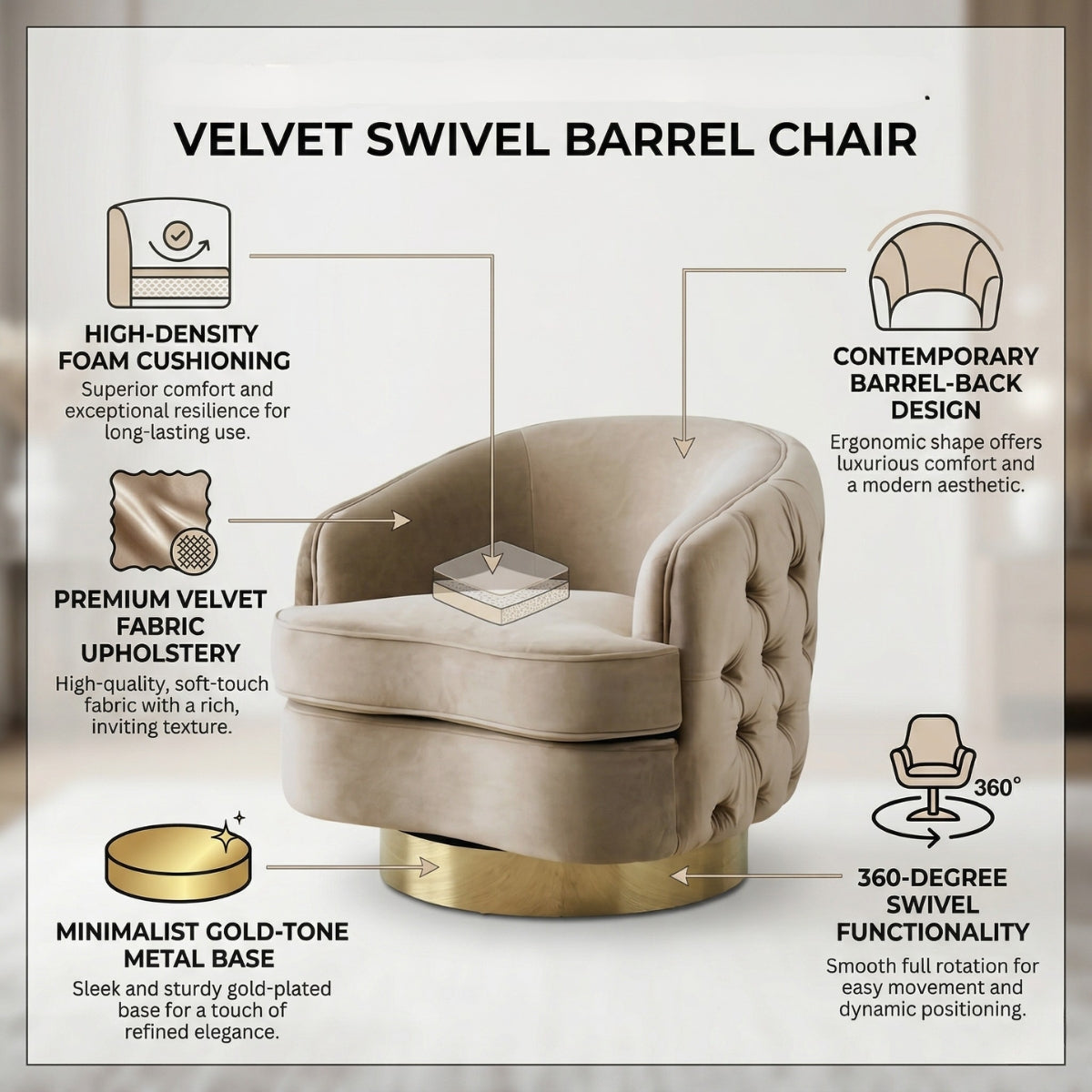 Velvet swivel barrel chair with features highlighted on a white background