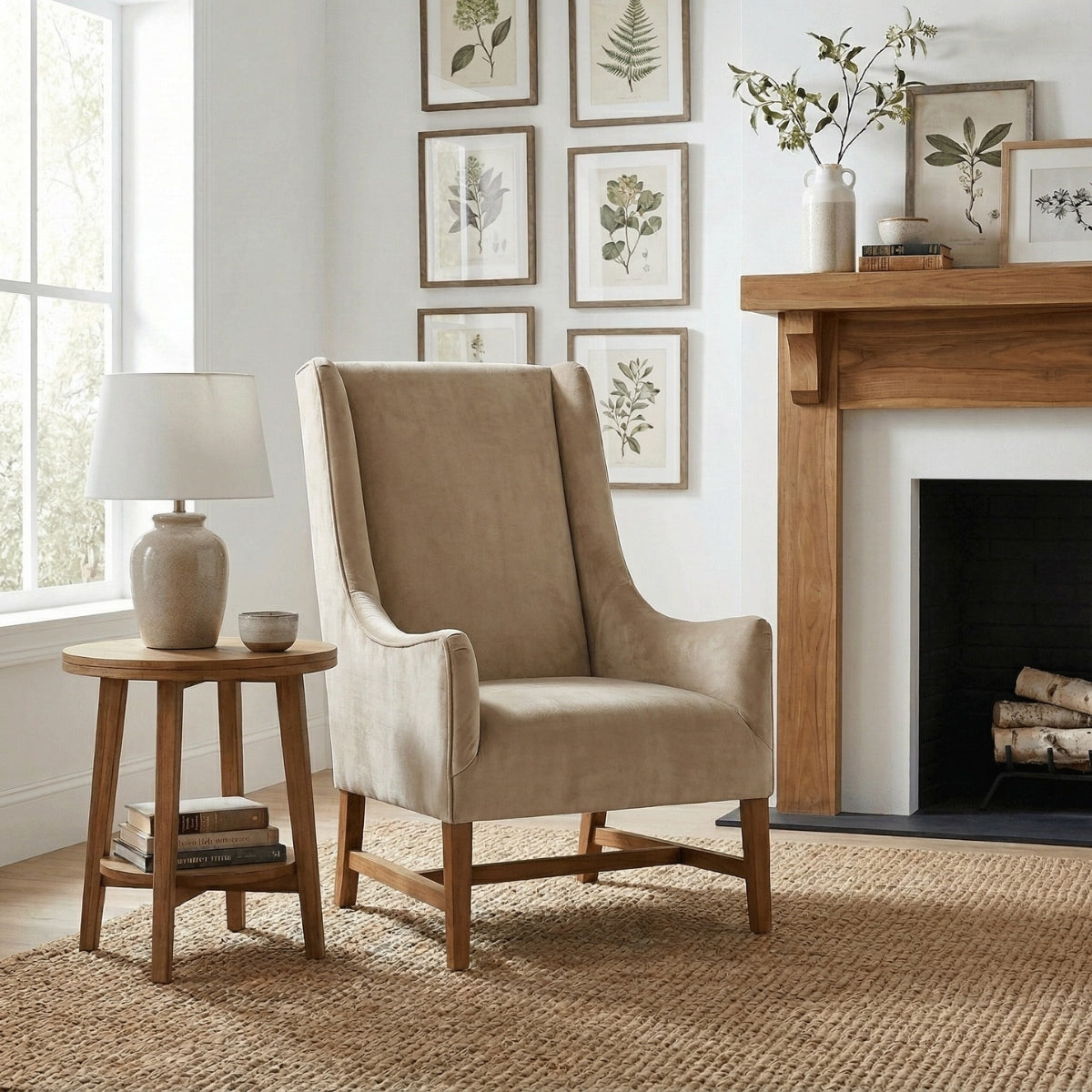 Beige armchair in a living room with a side table, lamp, and fireplace.