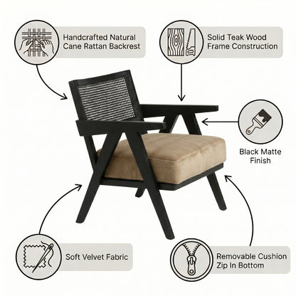 Chair with features highlighted, including natural cane rattan backrest, solid teak wood frame, black matte finish, soft velvet fabric, and removable cushion.