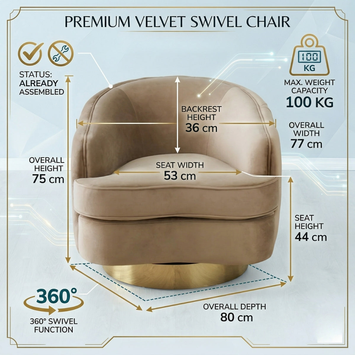 Beige velvet swivel chair with dimensions and features on a light gray background