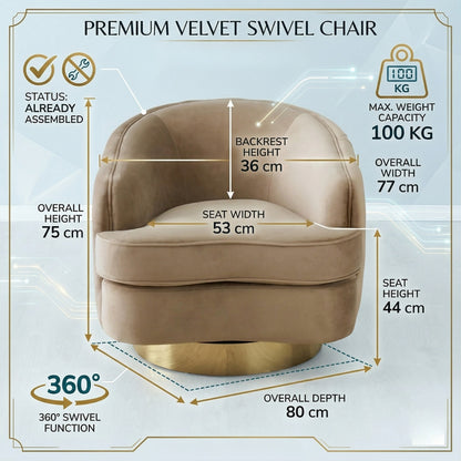 Beige velvet swivel chair with dimensions and features on a light gray background