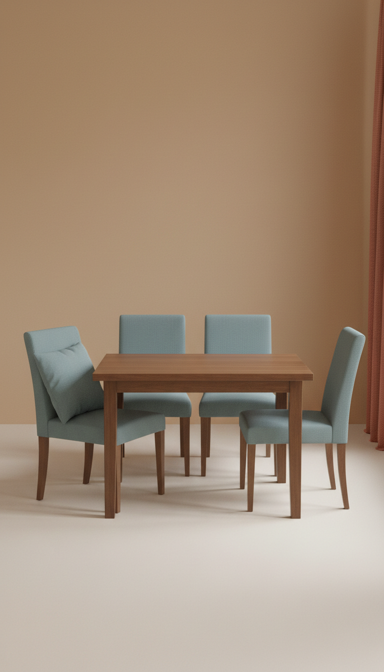 Walnut dining table with blue chairs