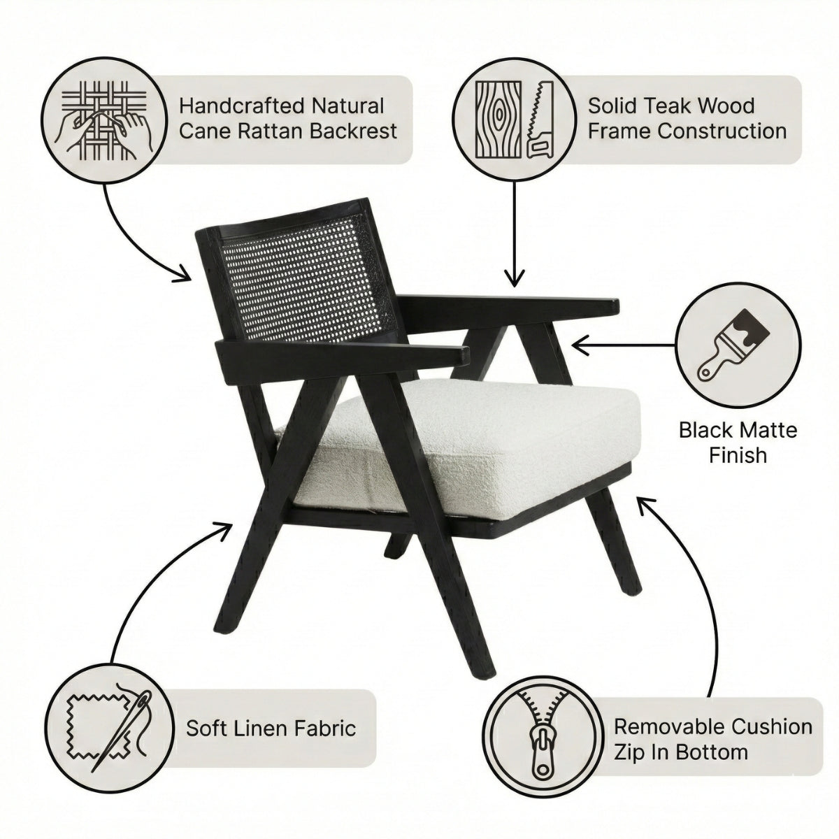 Abel Rattan Accent Arm Chair – Modern Rustic Wooden Lounge Chair with Natural Cane Weaving | Kingsman Furnitures India