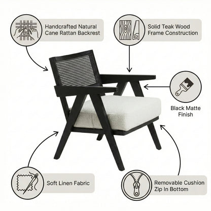 Abel Rattan Accent Arm Chair – Modern Rustic Wooden Lounge Chair with Natural Cane Weaving | Kingsman Furnitures India