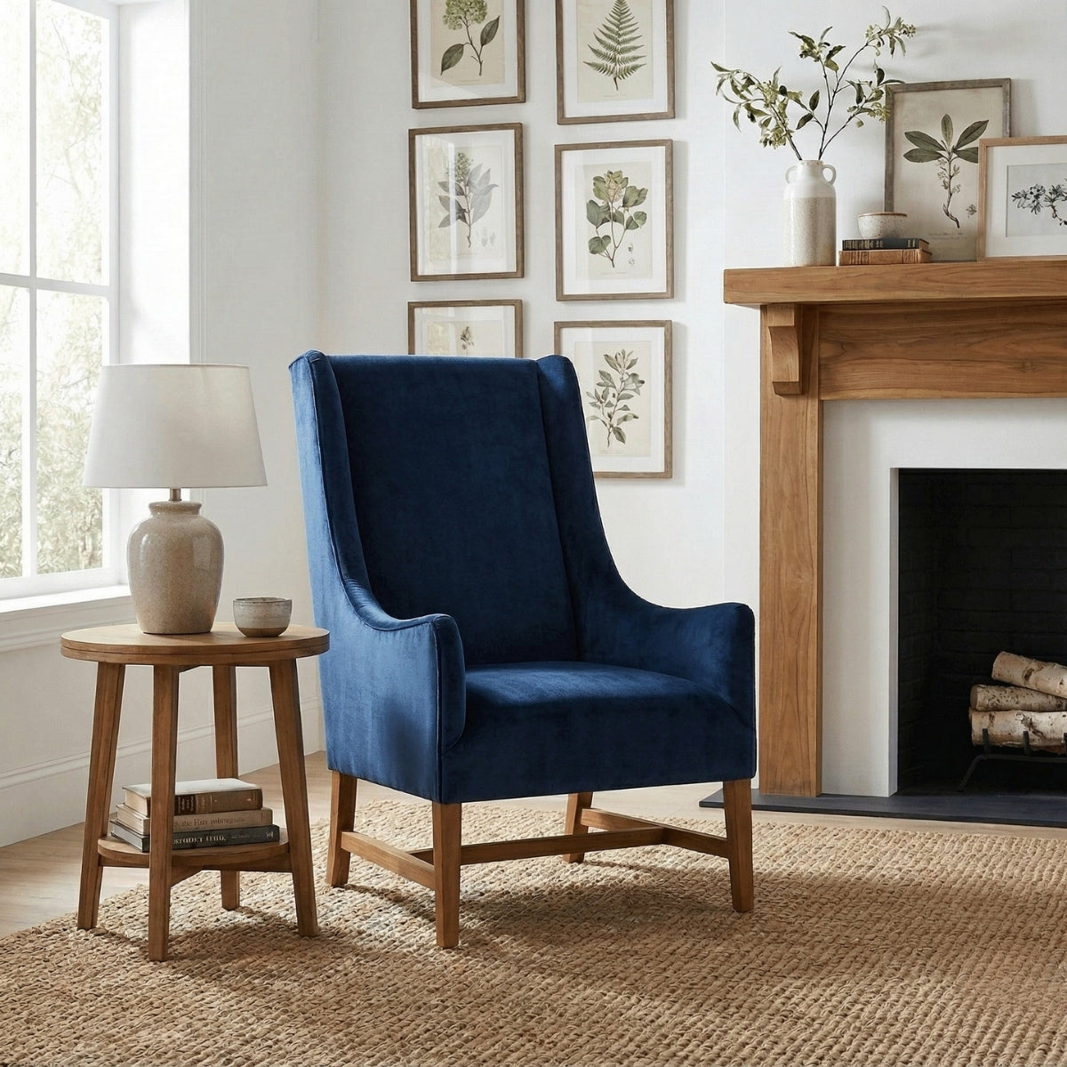 Blue armchair in a living room with a wooden side table, lamp, and fireplace.