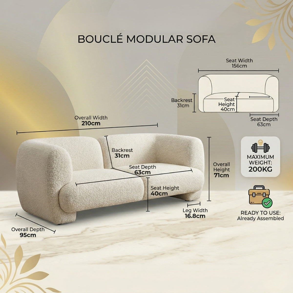 Boucle Modular Sofa with dimensions and features on a neutral background