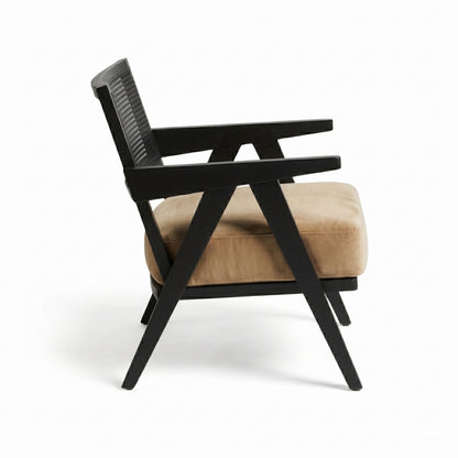 Chair with black frame and beige cushion on a white background