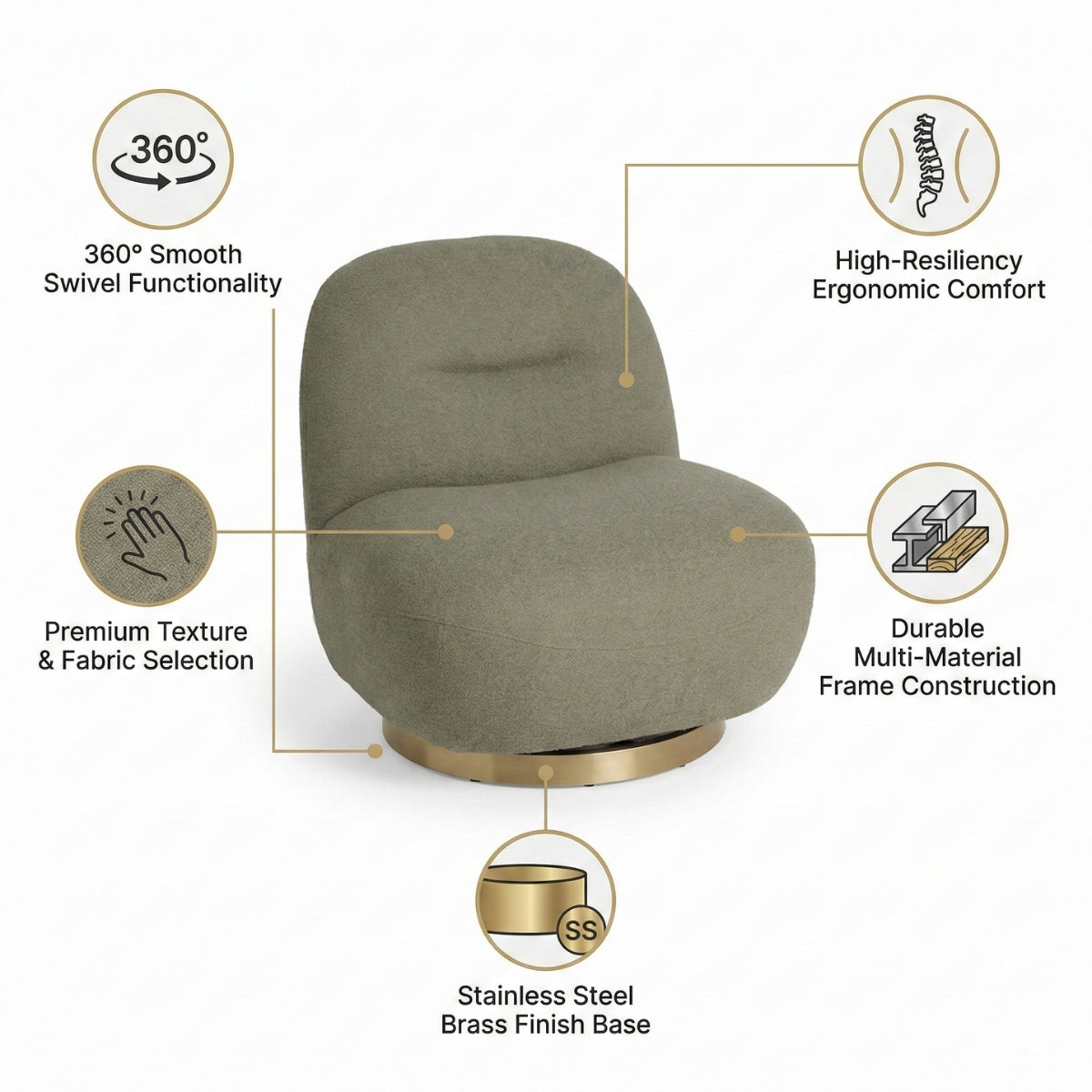 Otis Swivel 360° Luxury Accent Chair - Mid-Century Modern Bouclé Lounge Chair | Kingsman Furnitures India