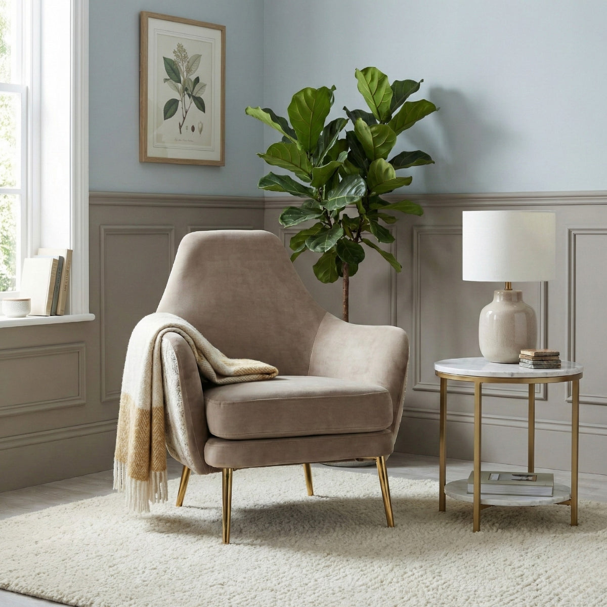 Anaya Luxury Velvet Armchair with Stainless Steel Legs | Modern Accent Chair for Living Room, Bedroom & Office | Ergonomic Soft Fabric Lounge Chair | Kingsman Furnitures India