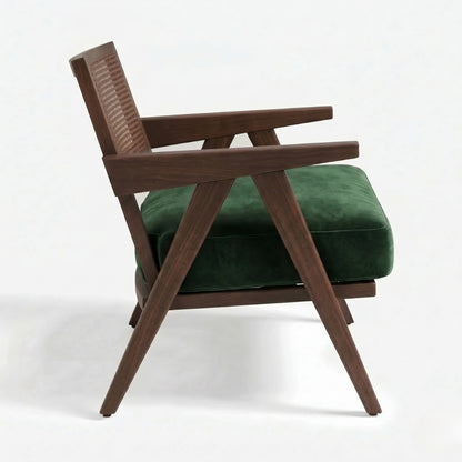 Wooden armchair with green cushion on a white background
